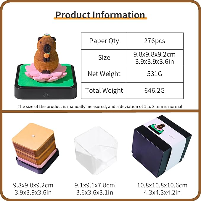 3D Time Piece Calendar 2026 DIY Calendars Tear Away Carving Art 3D Memo Pad Calendar With LED Lights sculpture artsy pads calendar notepad for Desktop Decor-Capybara