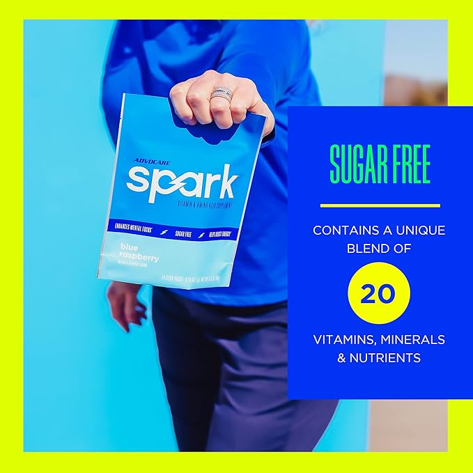 AdvoCare Spark - Energy Drink Mix - Vitamin & Amino Acid Supplement - Supports Energy & Focus - Portable Immune Support - Sugar-Free - Blue Raspberry, 14 Stick Packs (3.5 oz)