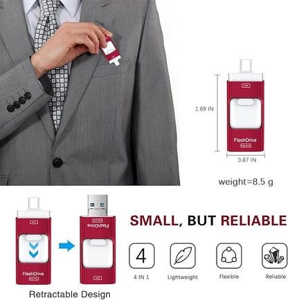 Flash Drive for iPhone 256GB, 4 in 1 USB Type C Memory Stick, Photo Stick External Storage Thumb Drive for iPhone iPad Android Computer, Candy Red