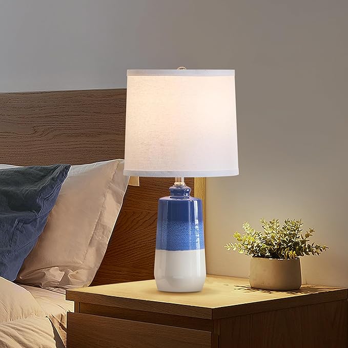 20.5" Ceramic Blue Lamps for Nightstand Set of 2, Blue Table Lamps for Living Room Set of 2, Coastal Table Lamps for Bedroom with White Barrel Lampshade, Blue White Ceramic Lamps for Small Space