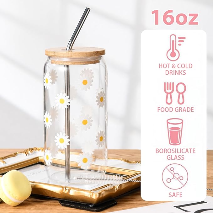Cute Glass Cups with Lids and Straws, Daisy Flower Iced Coffee Smoothie Matcha Cup Tumbler Birthday Gifts for Women Sister Friend Her Preppy Teenage Girls Teen Girl Gifts Trendy Stuff Things