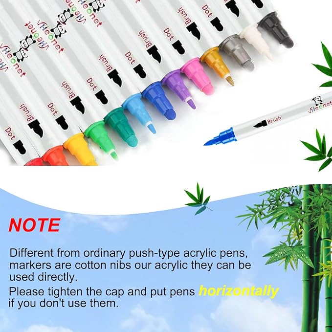 Acrylic Paint Markers, 24 Colors Fabric Markers ,Acrylic Paint Pen Dual Tip with Brush Tip and Dot Tip, No Bleeding Coloring Marker for Wood, Rock, Canvas, Glass, Metal, Ceramic, Plastic, Fabric