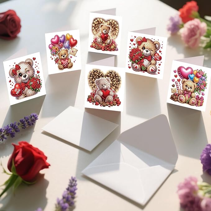 jinglinhh 12pcs Diamond Art Painting Valentine's Day Bear Dog Rose Flower Balloon Wreath Greeting Cards with Envelopes, DIY Card Making Kits for Adults, Diamond Art Holiday Birthday Cards Craft Gifts