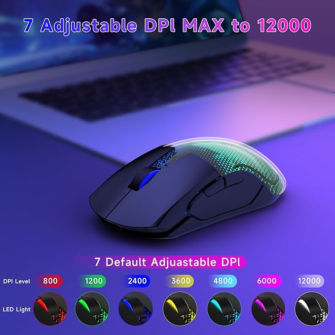 FFJ Master02 Wireless Gaming Mouse, 12000 DPI, Tri-Mode 2.4G/USB-C/Bluetooth 5.3 Gaming Mouse, Python Skin Texture RGB Backlit, 6 Programmable Buttons, 75Hr Battery Life for PC, Mac, PS5, XBOX - Black