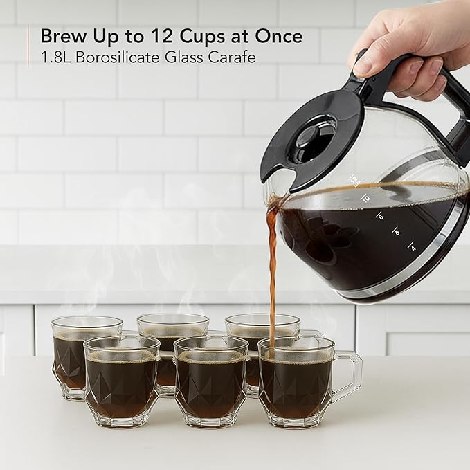 OVENTE 12-Cup Drip Coffee Maker with Borosilicate Glass Carafe, One-Touch Operation Machine, Anti-Drip System, Reusable Filter and Clear View Water Level Gauge, Ideal for Home or Office, Black CM412B