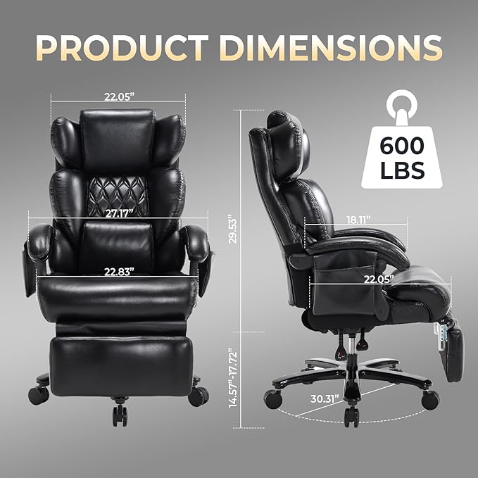 3-in-1 Massage Office Chair with Foot Rest 600LBS Big and Tall Office Chair with Massager and Heat for Heavy People, Reclining Executive Heavy Duty Office Chairs Desk Chairs Black