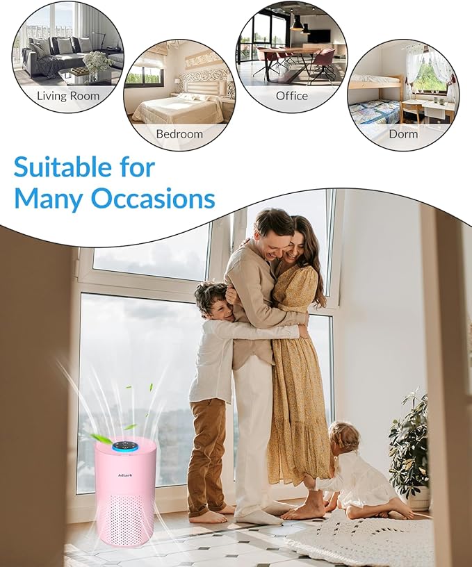 Air Purifiers for Home Bedroom, ADTARK Air Cleaner with H14 True HEPA 3-in-1 Filter, Sleep Mode & Aroma Function, 3 Light Modes, Room Air Purifier with 3 Timer for Office, Dorm, Hotel (Pink)