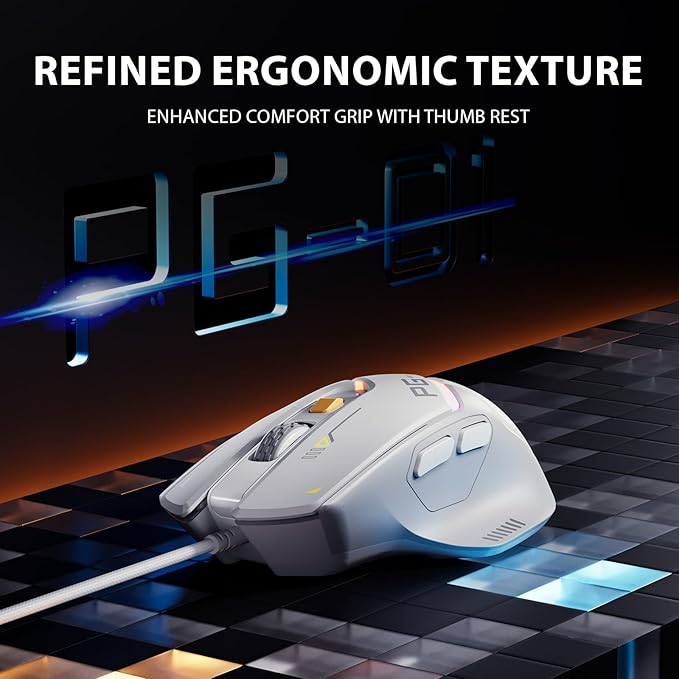 INPHIC PG1 Wired Computer Gaming Mouse Ergonomic, 12800 DPI High-Precision, 6 Programmable Buttons, RGB Backlit for Gaming - White Gray