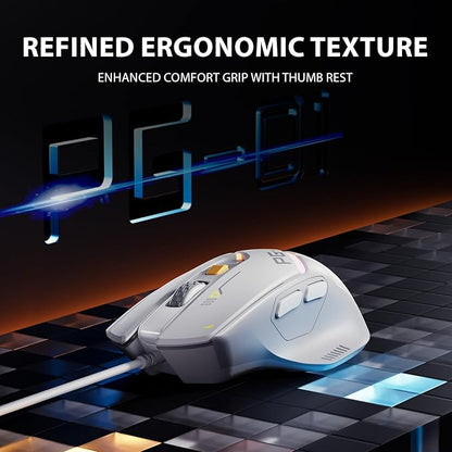 INPHIC PG1 Wired Computer Gaming Mouse Ergonomic, 12800 DPI High-Precision, 6 Programmable Buttons, RGB Backlit for Gaming - White Gray
