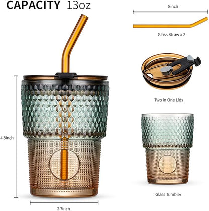 13 oz Tumbler Water Glass, Water Bottle with Straw and Dustproof Lid, Coffee Ice Cup Double Wall Insulated Glass Cup (Amber-Ribbed)