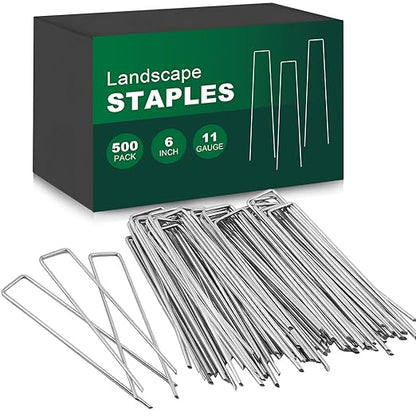 500 Pack Landscape Staples 6 Inch, 11 Gauge Galvanized Steel Garden Stakes, U-Shaped Landscape Pins, Heavy Duty Garden Ground Stakes for Securing Weed Fabric Landscaping Fabric