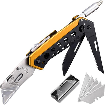 Folding Utility Knife, Box Cutter Knife, Razor Work Knives, 6 in 1 Utility Knives Multitool with 5 Razor Blades, Screwdriver, Saw, Belt Clip Safe Lock, EDC Gadgets Gifts for Men Women, Yellow