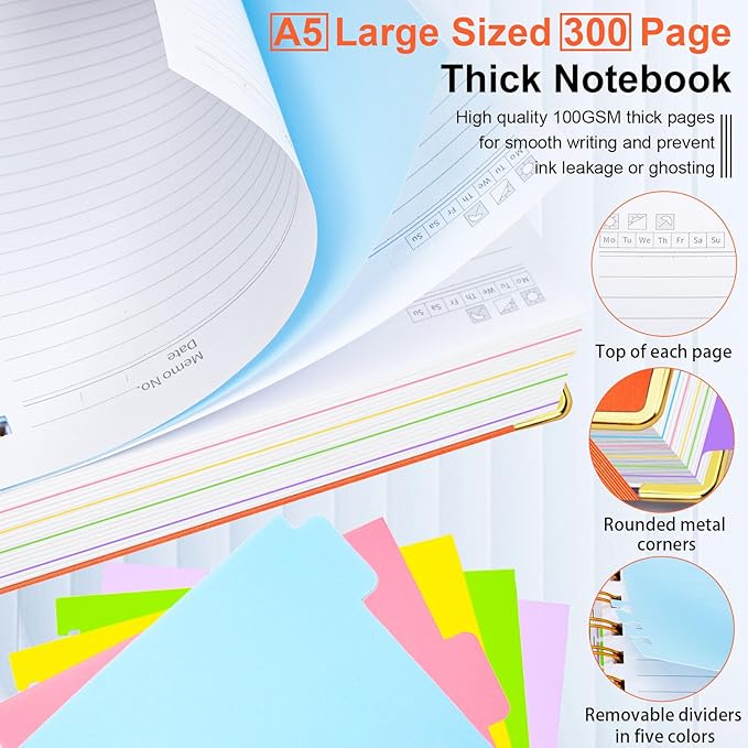 Hardcover Spiral Notebook 6.2"x 8.2" Journal Notebook with Tabs and Removable Dividers 300 Pages 5 Subject Notebook College Ruled, Faux Leather Spiral Bound Notebook for Women School Work(Orange)