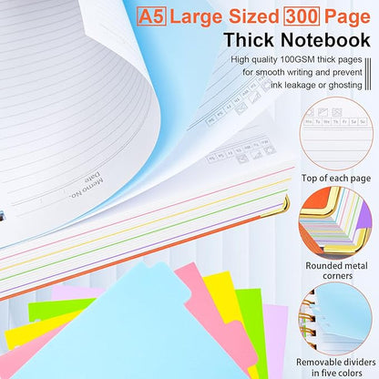 Hardcover Spiral Notebook 6.2"x 8.2" Journal Notebook with Tabs and Removable Dividers 300 Pages 5 Subject Notebook College Ruled, Faux Leather Spiral Bound Notebook for Women School Work(Orange)