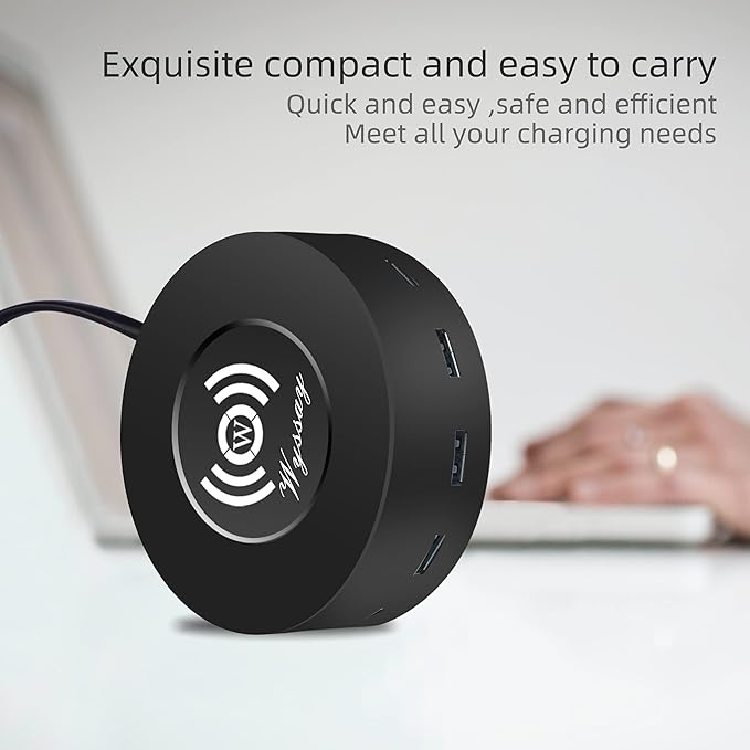 75W 6-Port Desktop Charging Station With Wireless Charger - Type-C, Quick Charge 3.0, 4 USB Ports - Multi Charger Hub for Smartphones and More (Black)