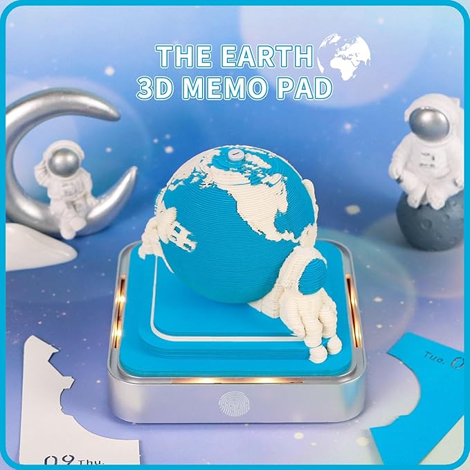 Time Piece Calendar 2026 3D Memo Pad Desk Calendar Tear Away Notepad with Lights DIY Art Carving Sticky Notes Artwork Gift for Thanksgiving Christmas Office Desktop Decoration-Blue Earth
