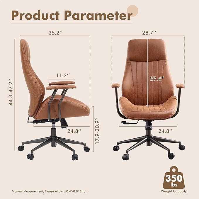 High Back Home Office Chair,Mid Century Modren Ergonomic Executive Chair,Lumbar Support Swivel Task Chair with Wheels,Computer Desk Chair Suede Fabric,350LBS (Brown)