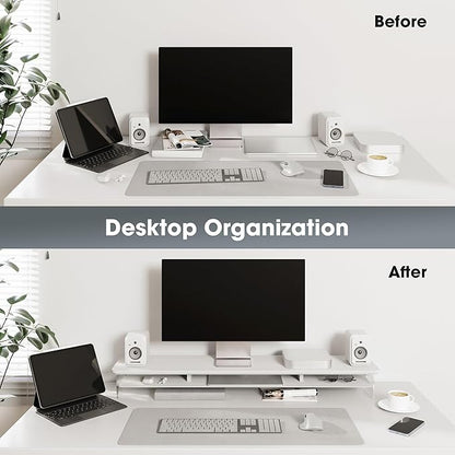 Fenge Acrylic Monitor Stand Riser, 42.5 Inches Dual Monitor Stand with Metal Storage, 2 Tier Acrylic Computer Riser for Desk, Clear Laptop Stand for PC, Laptop, Printer, TV, White