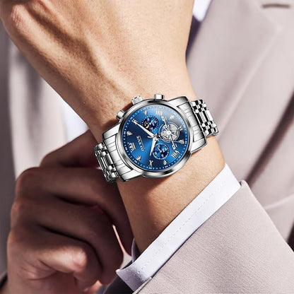 OLEVS Men Watches Stainless Steel Chronograph Watch, Large Wrist Analog Quartz Watch, Fashion Waterproof Diamond Roman Numerals Dress Watches for Men, Gold/Black/White/Blue/Grey Dial