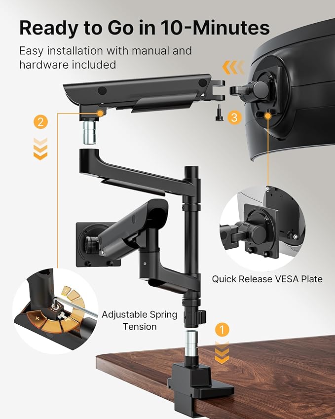 monTEK Sleek Aluminum Monitor Arm for 17–57” Ultrawide Screens up to 59 lbs, USB 3.0 A/C, Heavy Duty Dual Monitor Arm Desk Mount, Pneumatic Lift, Quick-Release Plate, Clamp/Grommet, Max VESA 100x100