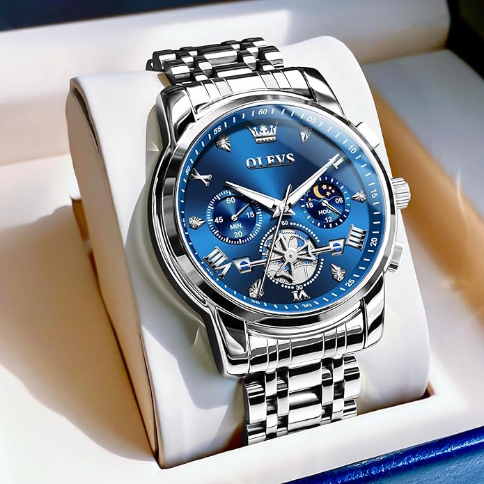 OLEVS Men Watches Stainless Steel Chronograph Watch, Large Wrist Analog Quartz Watch, Fashion Waterproof Diamond Roman Numerals Dress Watches for Men, Gold/Black/White/Blue/Grey Dial