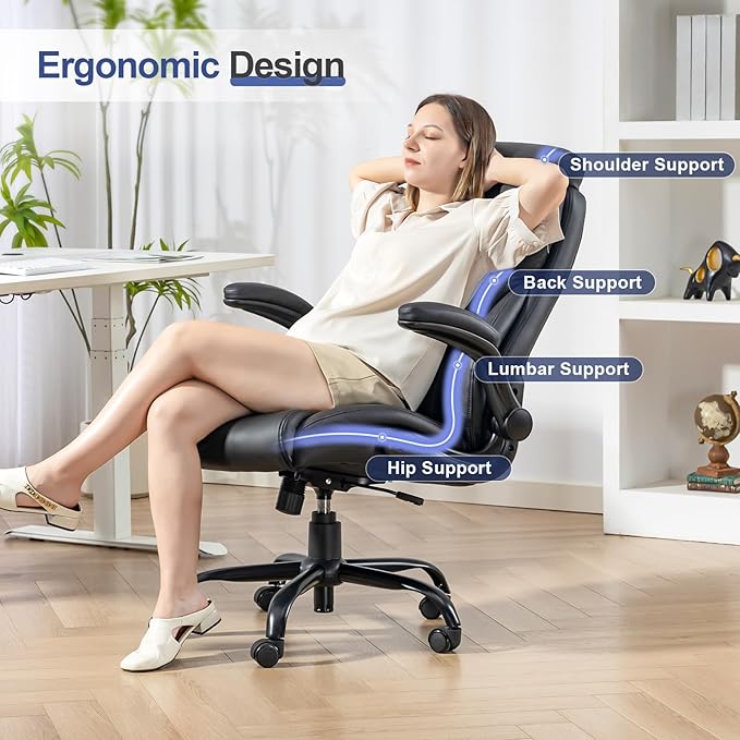 Brage Living 400LBS Big and Tall Office Chair, Heavy Duty Leather Executive Desk Chair with Padded Flip-up Arms, Swivel Rolling Computer Chair for Home Office, Black