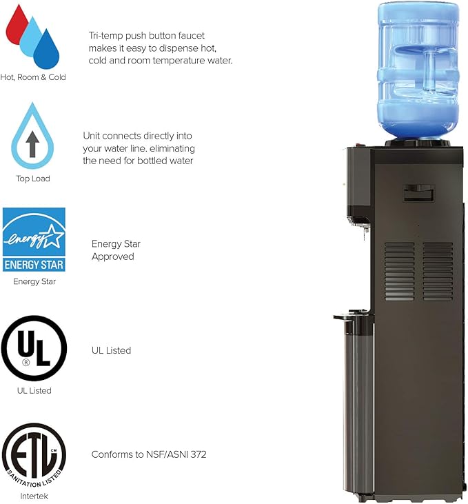 Brio Limited Edition Top Loading Water Cooler Dispenser - Black Stainless Steel - Hot & Cold Water, Child Safety Lock, Holds 3 or 5 Gallon Bottles - UL/Energy Star Approved