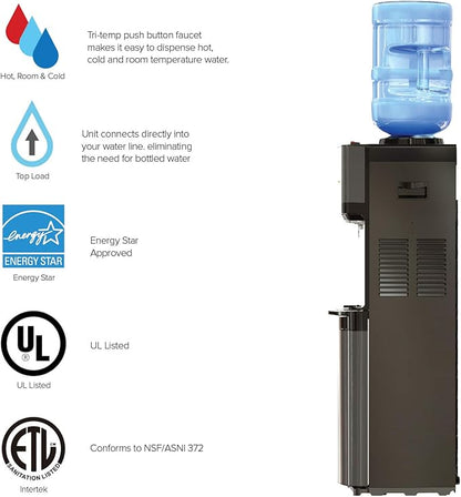 Brio Limited Edition Top Loading Water Cooler Dispenser - Black Stainless Steel - Hot & Cold Water, Child Safety Lock, Holds 3 or 5 Gallon Bottles - UL/Energy Star Approved