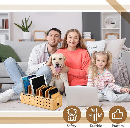 Bamboo Charging Station for Multiple Devices, Cell Phone Docking Charging Station Organizer and Cord Organizer for 10 Devices for Power Strip Storage, Phones and Tablets(Primary Color)