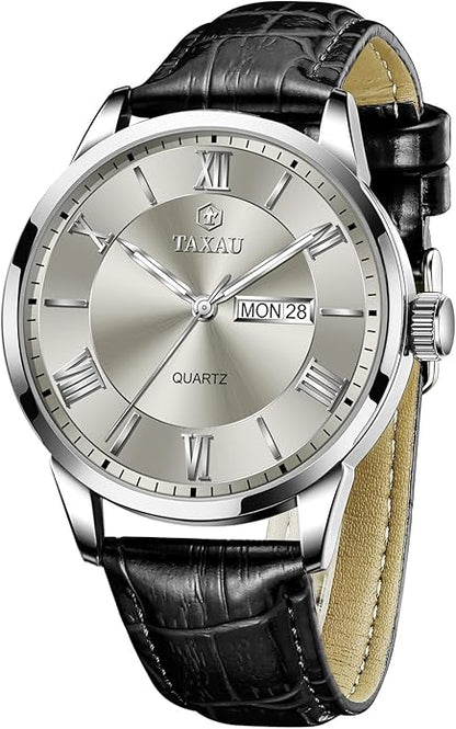 Mens Watches Luxury Dress Waterproof Leather Watch with Date Day Analog Quartz Large Number Wrist Watch Casual Classic Luminous Scales Big Face Easy Read Reloj para Hombre