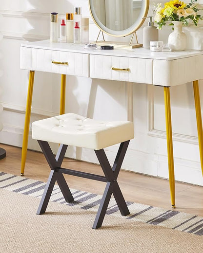 IBUYKE U-Shaped PU Vanity Stool, Square Makeup Chair with X-Leg, Ottoman Seat Footrest Stool, Multi-Use as Small Side Table, for Bedroom, Living Room, White WBD019W