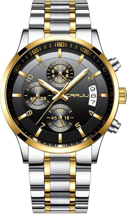 CRRJU Men's Fashion Stainless Steel Watches Date Waterproof Chronograph Wristwatches,Black Steel Band Waterproof Quartz Watch for Men