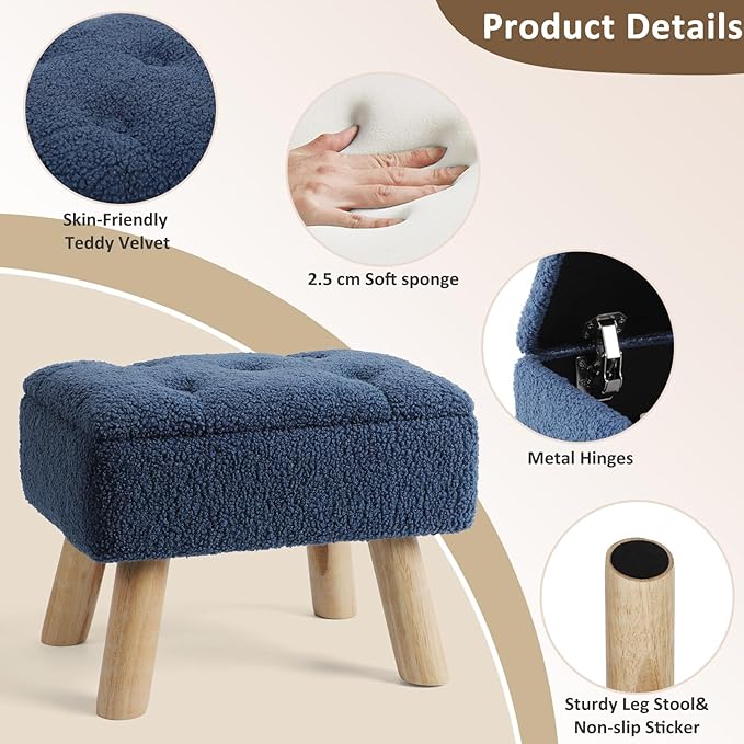 Storage Ottoman, Small Foot Stool Ottoman with Storage, Boucle Teddy Velvet Foot Rest with Padded Seat, Sturdy Wood Legs Stool for Living Room, Bedroom, Couch, Enterway (Dark Blue)