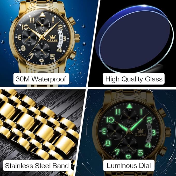 OLEVS Men's Stainless Steel Chronograph Watch, Big Face Gold Silver Black Tone Easy to Read Analog Quartz Watch, Luxury Waterproof Date Diamond Roman Arabic Numerals Dial Dress Watch for Men