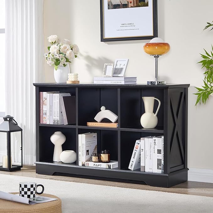 Book Shelf, 6 Cube Storage Organizer, 2-Tier Open Shelf Wooden Bookcase, Freestanding Wood Cube Storage Bookshelf for Bedroom, Living Room, Home Office (Black)