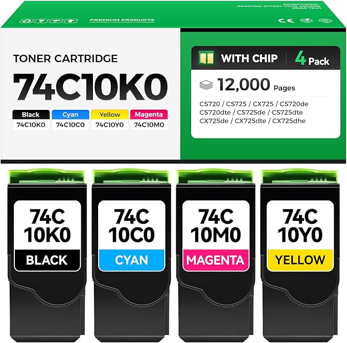 74C10K0 74C10C0 74C10M0 74C10Y0 High Yield Toner Cartridge Set 4-Pack Replacement Compatible with Lexmark Color CS720de CS720dte CS725de CS725dte Laser Printer Ink All-in-One Black Cyan Magenta Yellow