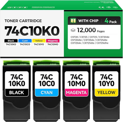 74C10K0 74C10C0 74C10M0 74C10Y0 High Yield Toner Cartridge Set 4-Pack Replacement Compatible with Lexmark Color CS720de CS720dte CS725de CS725dte Laser Printer Ink All-in-One Black Cyan Magenta Yellow