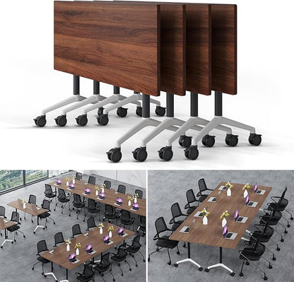 Folding Conference Table Modern Large Mobile Meeting Table Rolling Conference Room Tables with Wheels Seminar Tables for Office Training Classroom (4, Walnut, 70.9" D X 23.6" W X 29.5" H)
