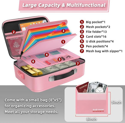 Fireproof Document Box Hard Case With Lock, Multi-Layer Fire Proof Water Resistant Safe Box File Organizer Bag With Small Money Bag for Important Documents Passport Certificates Laptop (Pink)
