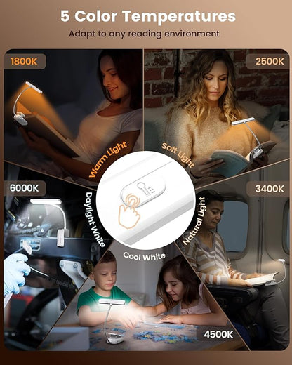 Glocusent 26 LED Book Light, 1200 mAh 90 Hrs Lasting Rechargeable Reading Light, 5 Amber Colors & Stepless Dimming Book Reading Light - Portable Clip on Light for Book Lovers Kids