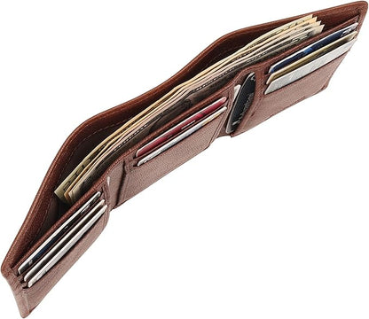 Genuine Leather Trifold Wallet Men RFID Blocking 8 Credit Card Slots 1 Section for Bills 3 Hidden Pockets | Choco