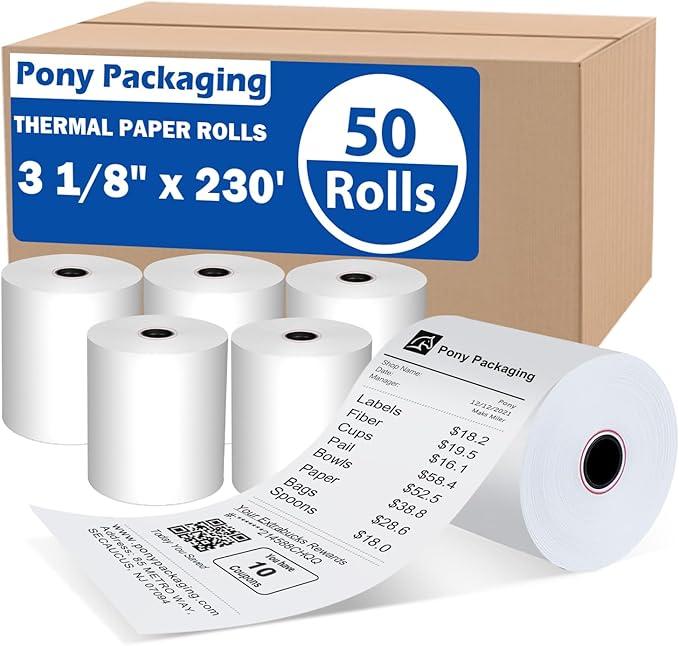 (50 Rolls) 3 1/8 x 230 Thermal Paper Receipt Rolls (48 GSM Premium Quality) Fits All POS Cash Registers BPA Free