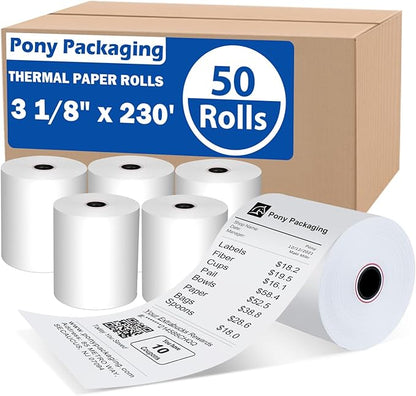 (50 Rolls) 3 1/8 x 230 Thermal Paper Receipt Rolls (48 GSM Premium Quality) Fits All POS Cash Registers BPA Free