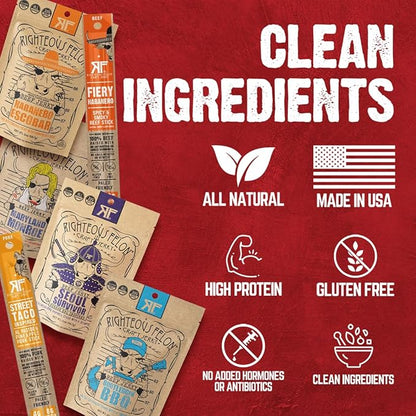 Righteous Felon Beef Jerky & Meat Sticks Variety Pack | Gluten Free Beef Jerky Snack Packs for Adults | High Protein, Keto, Low Sugar | Made with Premium Meats | Gifts for Men | Spicy Jerky 6 Pack