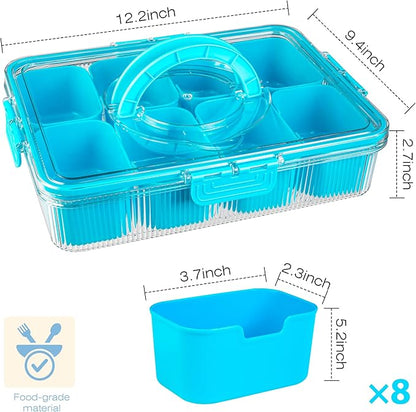Patent Design Ribbed Snackle Box Container Divided Serving Tray with Lid and Handle -Charcuterie Container Portable Storage Organizer for Candy, Fruit, Beach, Picnics（1 pcs, Lake blue）