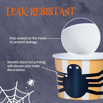 Paper Ice Cream Cups, 50-Count 9-Oz Disposable Dessert Bowls for Hot or Cold Food, 9-Ounce Halloween Party Supplies Treat Cups, Spider