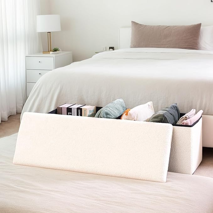 43 Inches Storage Ottoman Bench - Square Ottoman with Sherpa Top,Storage Bench for Bedroom,43" L x 15" W x 15" H - White