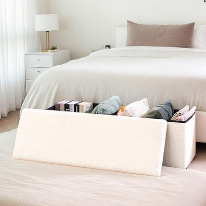43 Inches Storage Ottoman Bench - Square Ottoman with Sherpa Top,Storage Bench for Bedroom,43" L x 15" W x 15" H - White