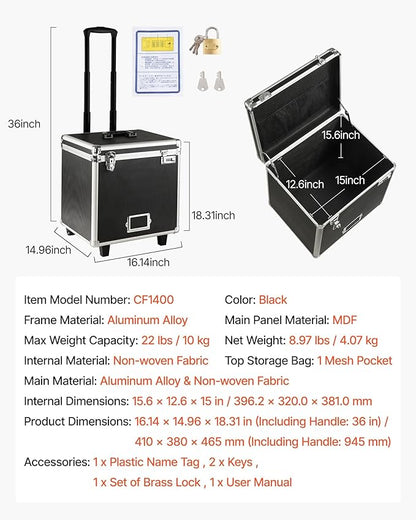 VEVOR Portable File Storage Box, 15.6 x 12.6 x 15 inch Internal Chest Size, Locking Mobile Business Case with Telescopic Handle, Hand pull File Case for Office Home, Offices, Hospitals, Banks