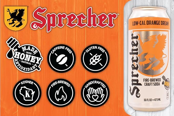 Sprecher Low-Cal Orange Dream Soda, Fire-Brewed Diet Soda with Real Honey, Handcrafted Orange Soda, Reduced Calorie, Caffeine-Free Gourmet Beverage – 16 fl oz Cans (12 Pack)